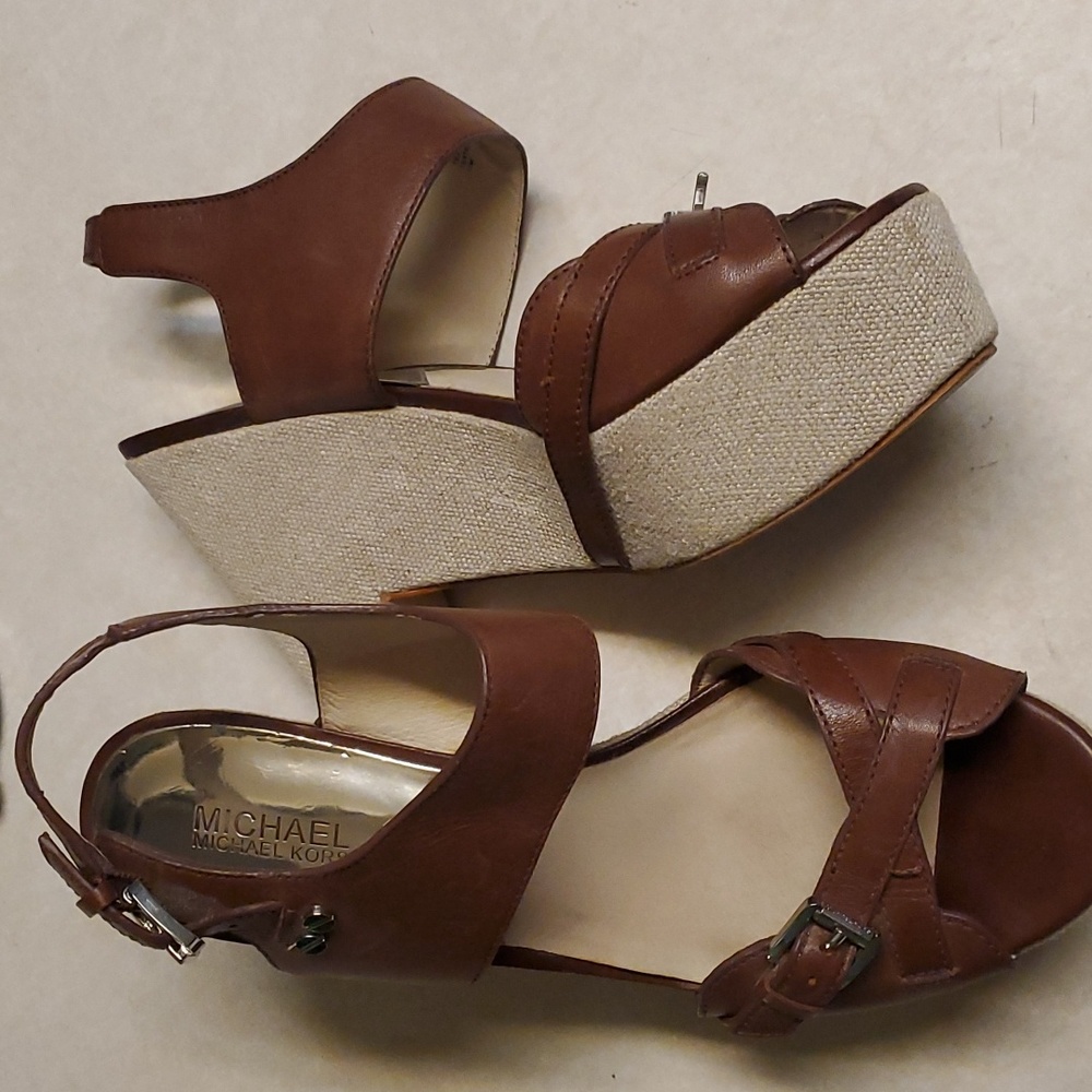 MICHAEL KORS Brown Leather Sandal Platform Wedges 11